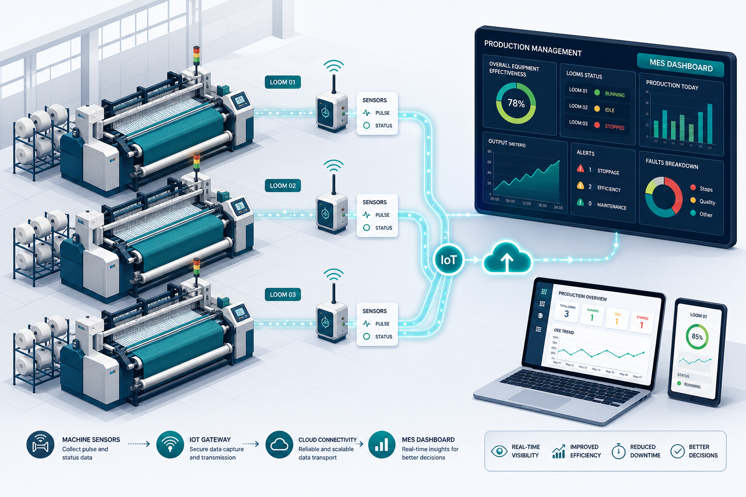 Ilustração da integração entre máquinas têxteis, sensores IoT e sistema de gestão